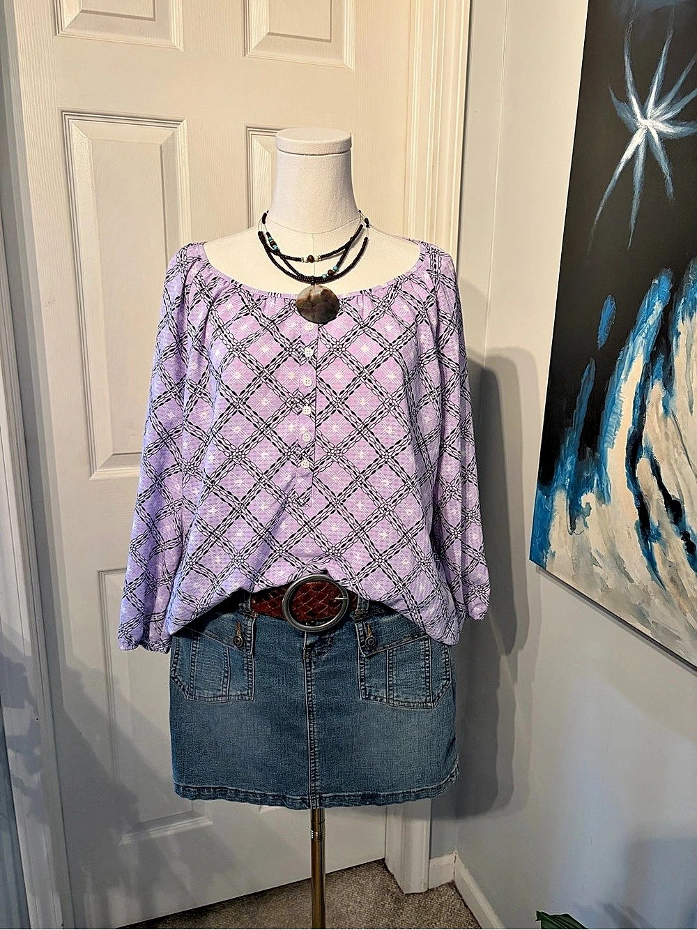 Croft & Barrow Geometric Blouse in Purple & Black Size XL